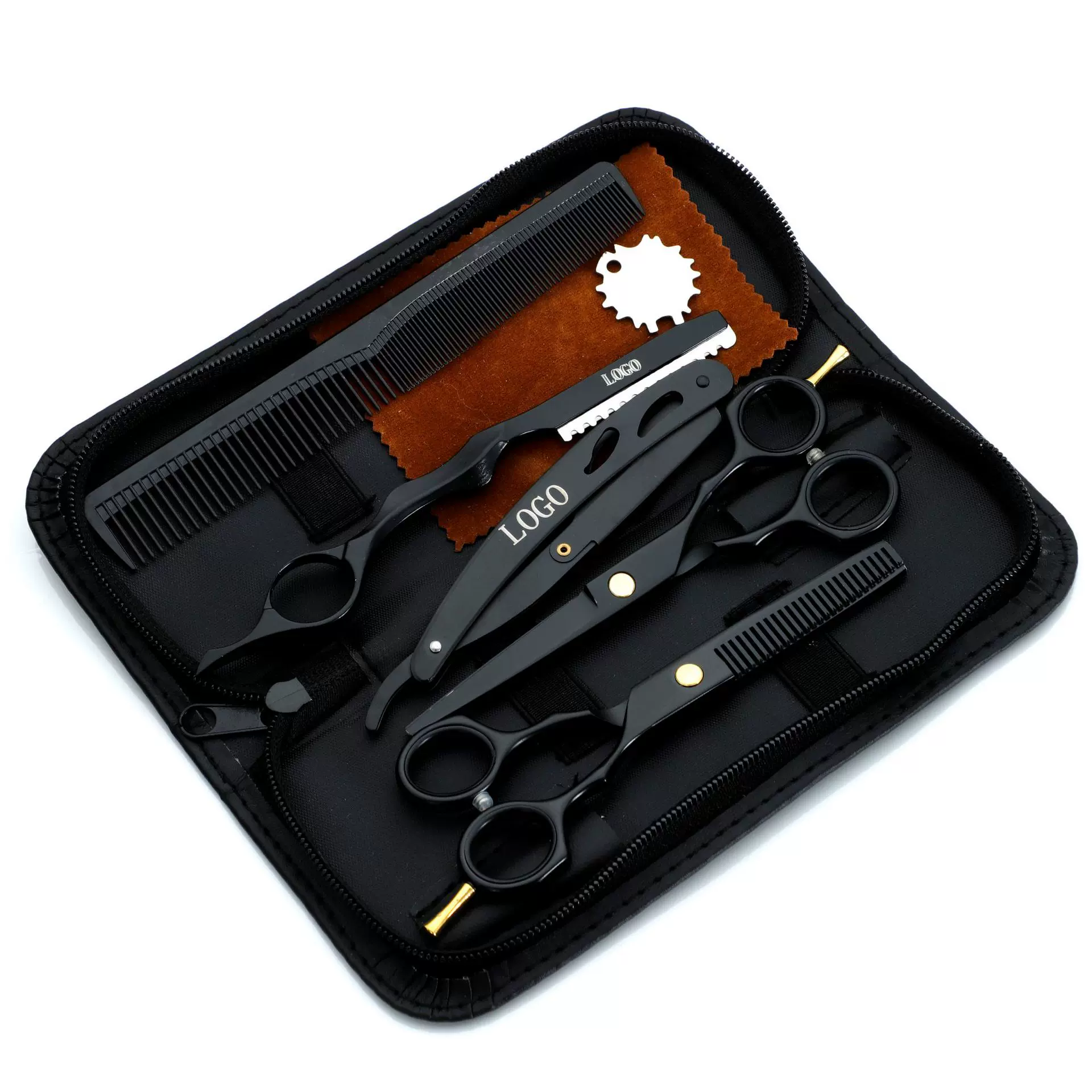 跨境黑色不锈钢5.5寸理发剪刀套装平剪牙刘海剪打薄美发剪刀