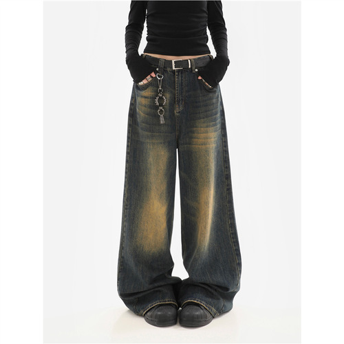 Vintage distressed washed denim jeans for men, autumn American street style loose floor-length pants, trendy brand versatile casual long pants