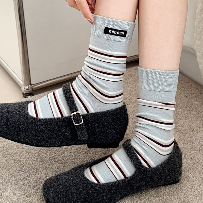 zhuji socks women‘s cotton striped bunching socks autumn and winter ins tide cloth label letters miu series all cotton mid-calf length socks women