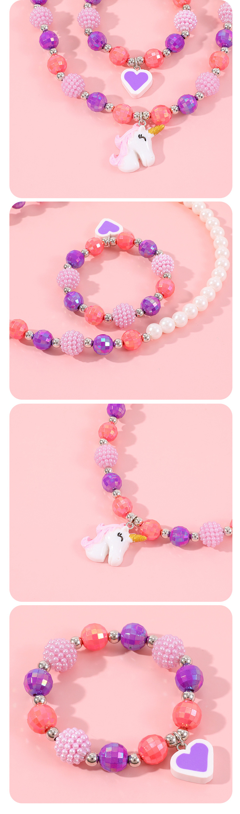 Sweet Heart Shape Unicorn Resin Beaded Girlu0027S Necklace 1 Piece