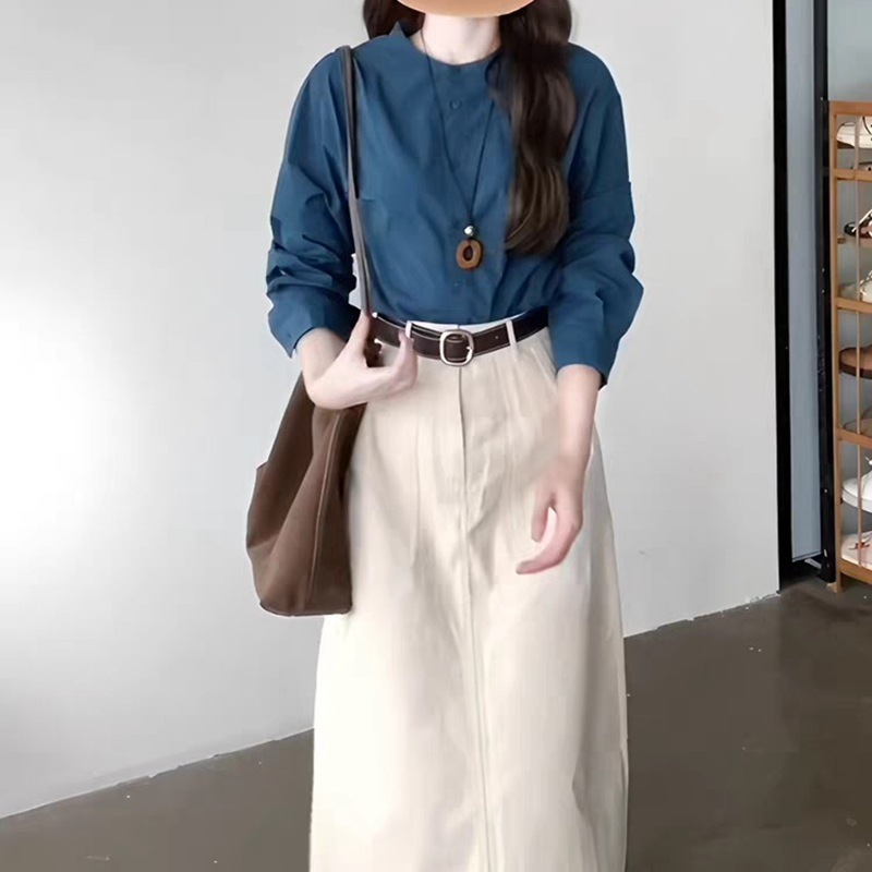 法式复古湖蓝色长袖衬衫女2025秋季新款宽松显瘦上衣圆领百搭衬衣|undefined