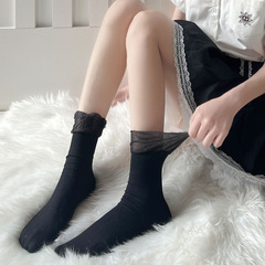 Japanese-style Lolita lace-trimmed short to mid-calf socks for women—ultra-thin, slimming design with vertical striped black JK-style socks for summer