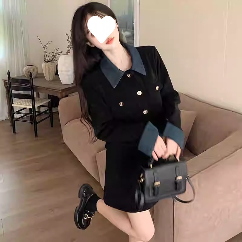 黑色连衣裙子2025春秋季新款女装今年流行漂亮套装短裙