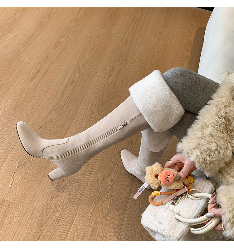 Boot nữ cổ cao ôm bắp chân lông cừu ấm, gót thô 5 cm, phong cách cưỡi ngựa — màu đen chi tiết 11