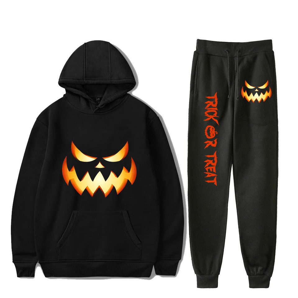 Women's Clothing creative pumpkin ghost face cartoon hooded sweatshirt leggings sports suit_voghion.com