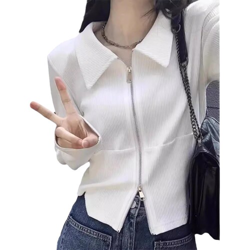 Design Double Zipper Lapel Long Sleeve T-Shirt Women's Spring and Autumn New Pure Desire Style Slimming Short Style Girl's Top