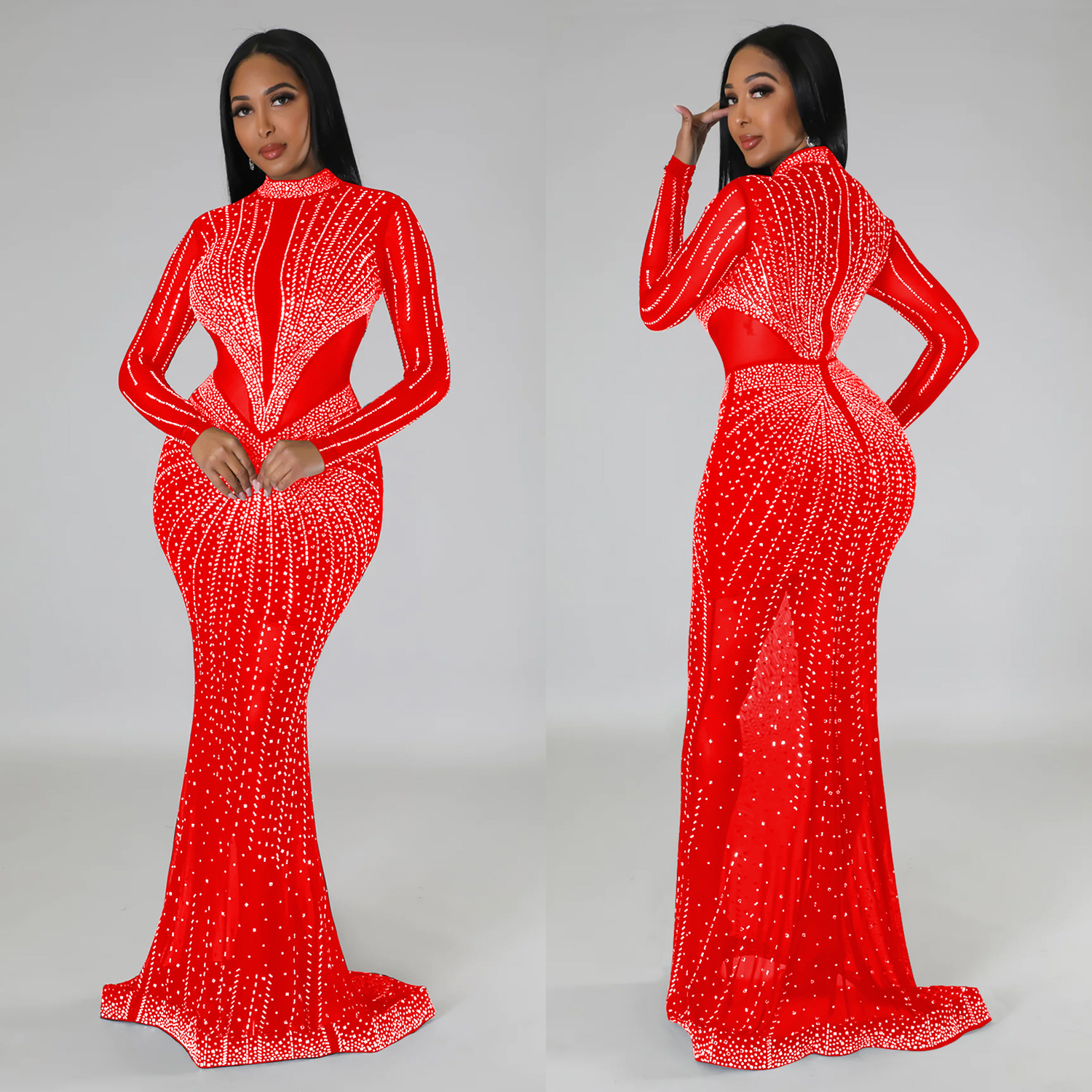 C6369 transfronteriza AliExpress Amazon Europa y América de las mujeres de moda de color sólido de malla Vestido de manga rhinestone vestido
