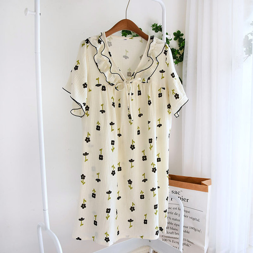 Pajamas for women summer  new pure cotton gauze short-sleeved pajamas summer thin dress can be worn outside home clothes