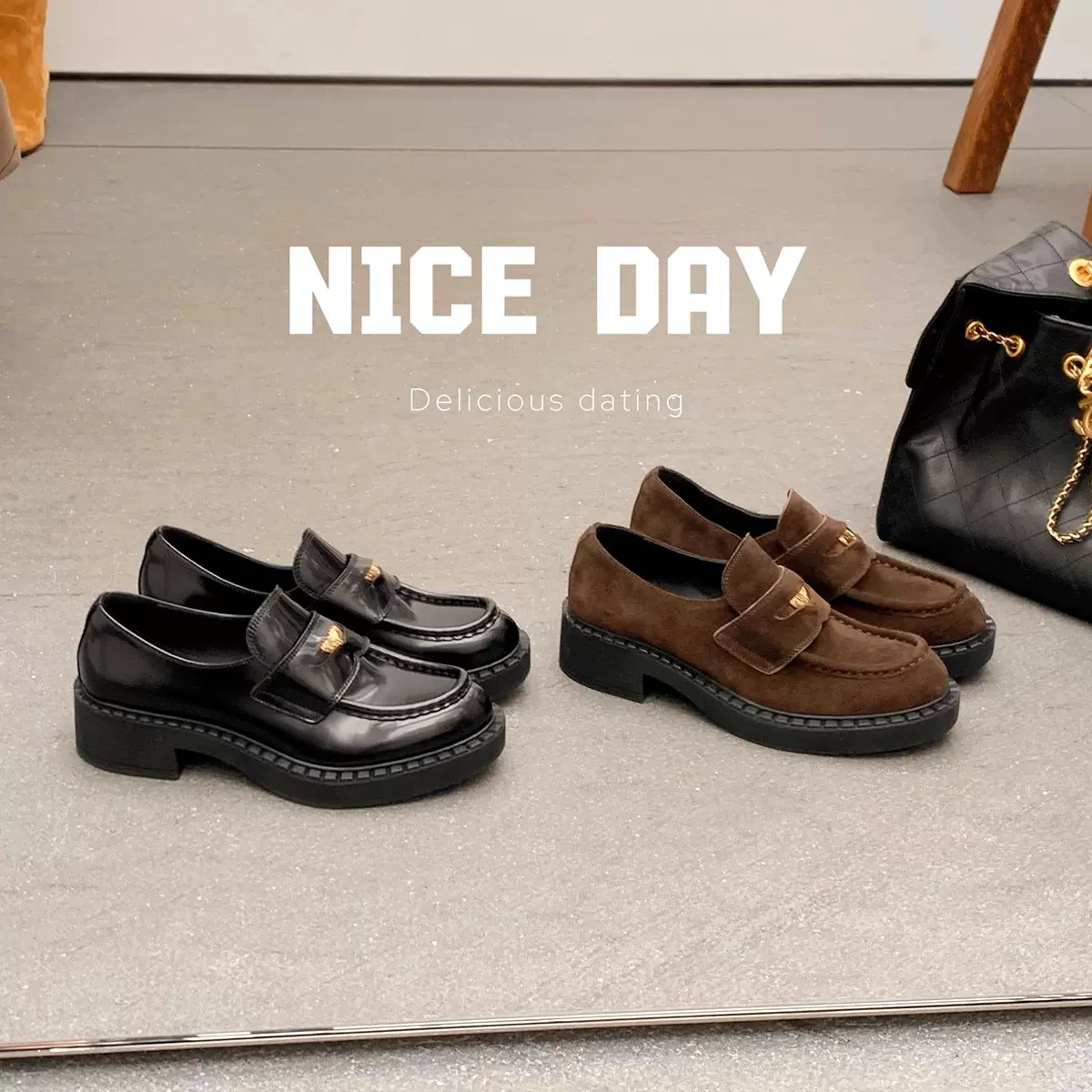 现货秒发！葡萄妈同款绒面粗跟增高贵气小金币乐福鞋单鞋小皮鞋女