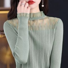 2025春秋季新款蕾丝边镂空精纺针织打底衫女士套头上衣内搭毛衣
