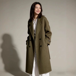 【花晨月夕】秋冬款双面羊绒大衣女双排扣宽松大码羊毛呢外套