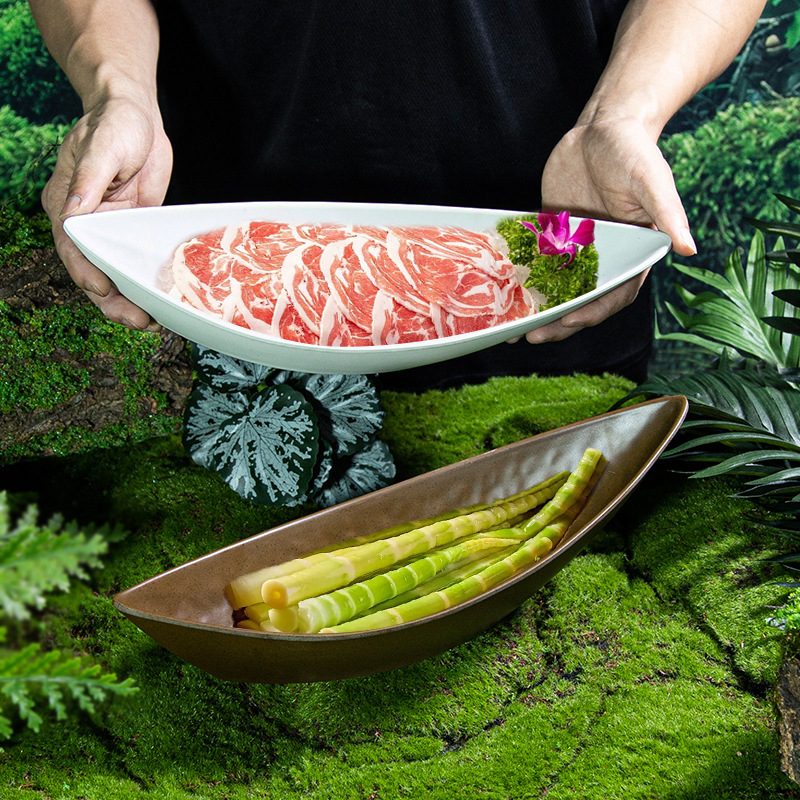 网红山野火锅餐具牛肉盘竹笋盘火锅配菜盘创意异形翘角盘商用密胺|undefined