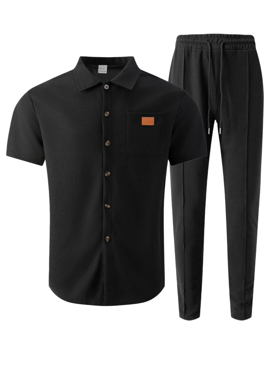 Herren Waffelstrick Set Hemd Mit Hose Zweiteiler Sommer Mode_voghion.com