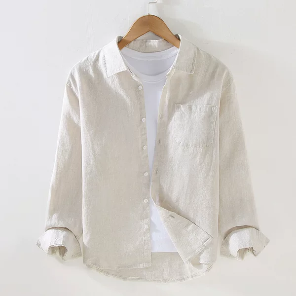 9701 Pure Linen Shirt Men's Long-Sleeved Thin Breathable Spring and Summer Korean Style New Trendyy Handsome Casual Cotton and Linen White
