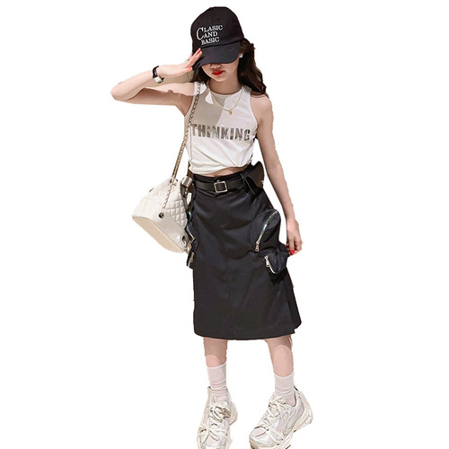 Girls' Summer Workwear Dress Set 2024 New Stylish Big Kids' Fashion Tank Top Summer Outfit Children's Two-Piece Set Trendy