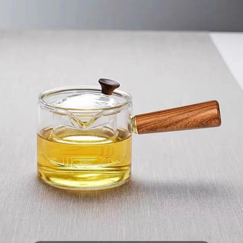 Manija lateral tetera de vidrio calefacción mango de madera fabricante de té tetera hogar resistente al calor Kung Fu juego de té traje