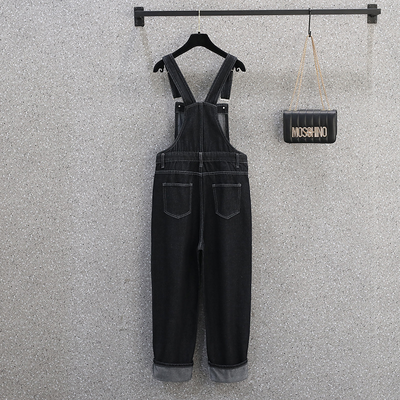 2022秋裝新款大碼女裝牛仔背帶褲女高腰胖mm寬松褲子外穿長褲女