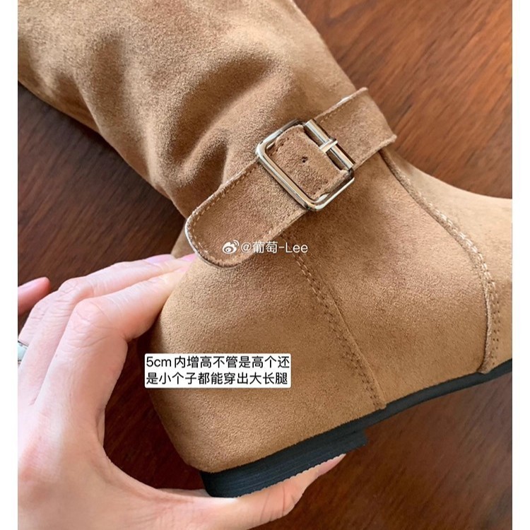 葡萄妈同款 内增高5cm~ 韩系时髦扣带设计堆堆中筒靴女秋冬马丁靴|undefined