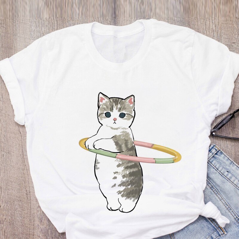 2024 funny cute cartoon cat print casual men and women couple short sleeve T-shirt White