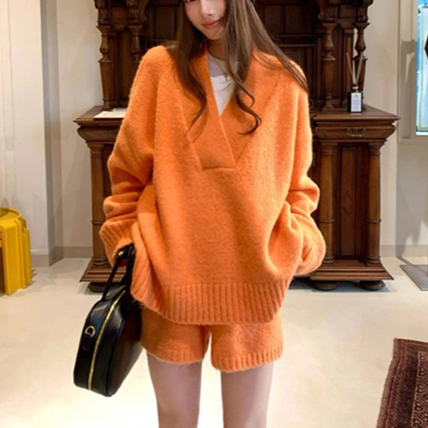 两件套2025春秋大V领宽松毛衣女外套简约时尚慵懒风针织短裤套装|undefined