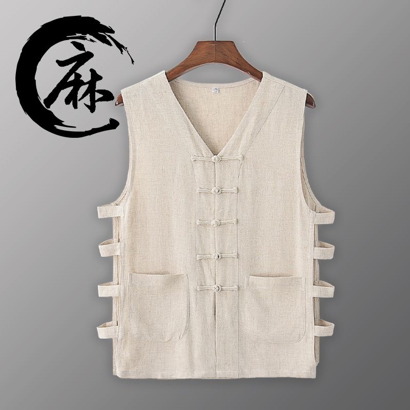 Summer casual linen vest, cotton and linen undershirt, men's retro Chinese mandarin jacket, sleeveless old man shirt