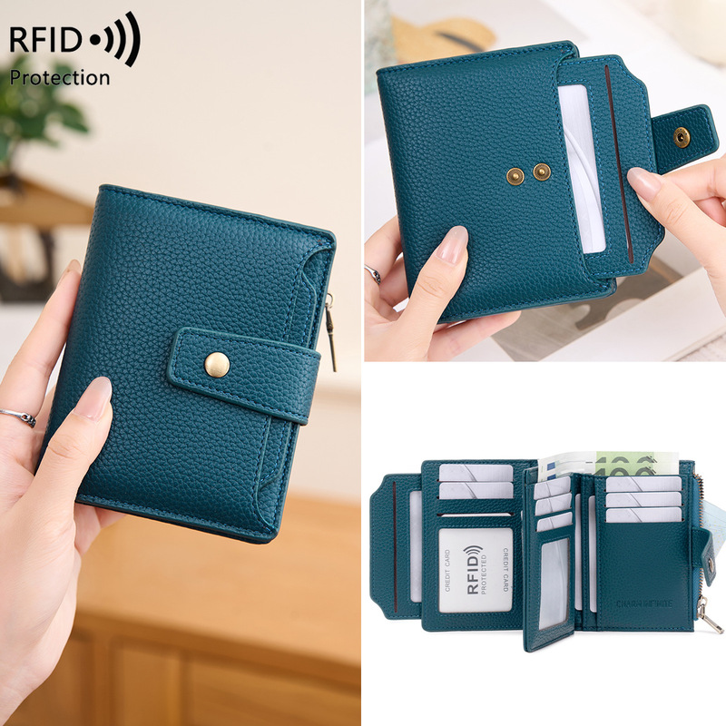 Cross-Border New Rfid Women's Wallet with Lychee Pattern Soft Leather, Zipper and Clasp, Multi-Card Slots, Fashionable Short Wallet