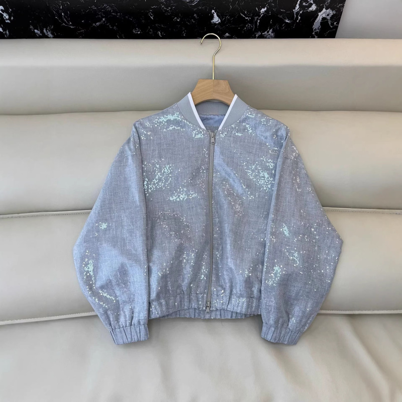 2026 Spring and Autumn New Street Fashion Fresh Light Blue Stand Collar Heavy Embroidery Sequin Loose Baseball Jacket for Women 2026 Spring and Autumn New Street Fashion Fresh Light Blue Stand Collar Heavy Embroidery Sequin Loose Baseball Jacket for Women