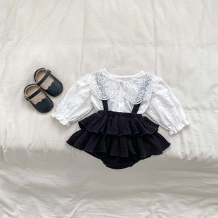 2025 New Baby Shirt Spring and Autumn Baby Girl Embroidered Fabric Lapel Solid Color Top Korean Style Girls Black Suspenders