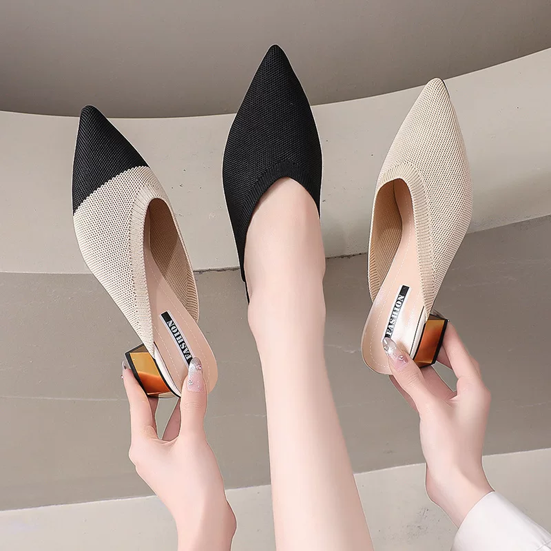 [Korean Style Women7s Fly-Woven Mid-Heel Spring and Summer New Baotou Half Slippers Pointed Toe Mule Shoes Thick Heel Outer Wear 35-41]