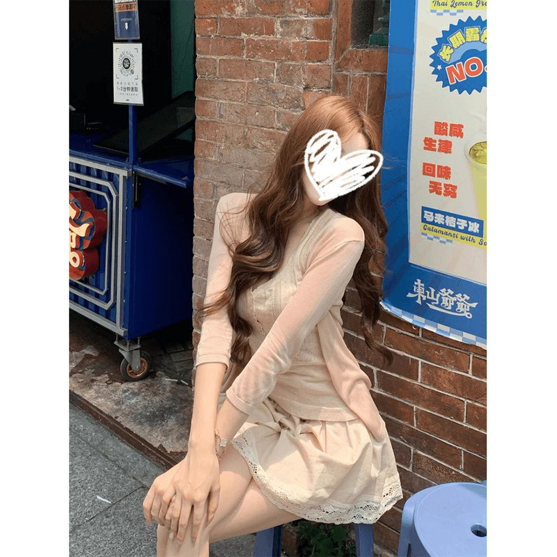 温柔修身开衫+提花镂空针织背心+蕾丝拼接A字半裙其它|undefined