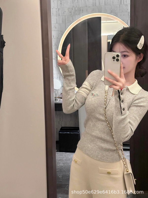 tb小狗polo领坑条针织衫女上衣四条杠薄款修身显瘦半拉链毛衣|undefined