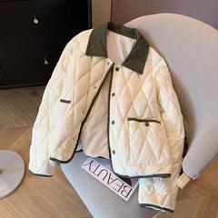 韩版撞色翻领菱格棉衣棉服女秋冬2025新款小个子百搭短款夹棉外套