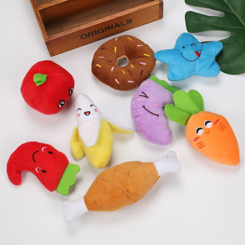 Nueva mascota de peluche de juguete de sonido molienda gato y perro de juguete fruta Chuck animal suministros para mascotas en stock al por mayor