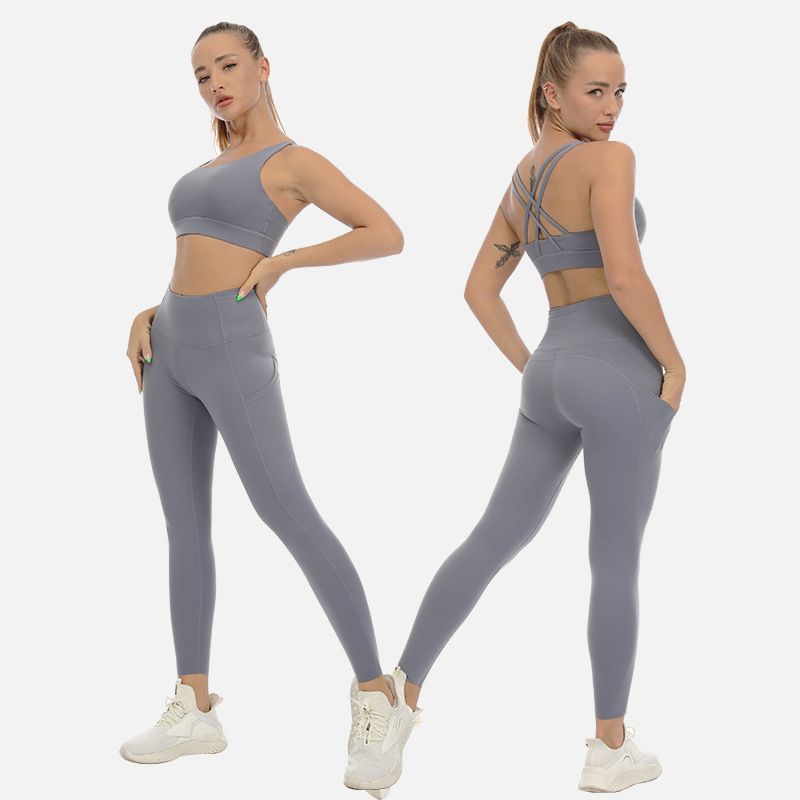 lulu Naked Yoga Suit Women's Sling Sports Underwear High Waist Tight Pants Two-Piece Elastic Fitness Suit