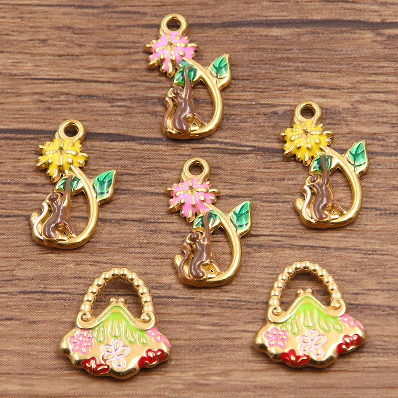 2 Stainless Steel Gold Enamel Oil Drop Charm Monkey Climbing Tree Pendant Bag Pendant DIY Jewelry Accessories