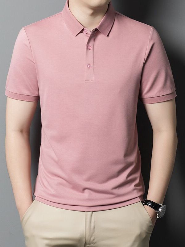 Camisa de polo de comercio exterior de seda de morera Camiseta de manga corta para hombre verano negocios de mediana edad más tamaño solapa color sólido ropa de hombre suelta