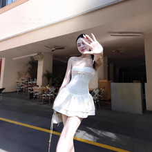 跨境2024欧美风冬季新款女装纯色修身时尚一字领裹胸露背连衣裙女