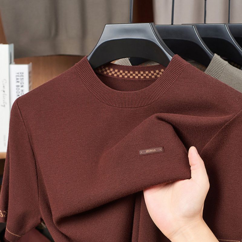 Autumn and Winter Thickeneded Velvet Short-Sleeved Knitwear T-Shirt Men's Round Neck Simple and Atmospheric Bottoming Shirt