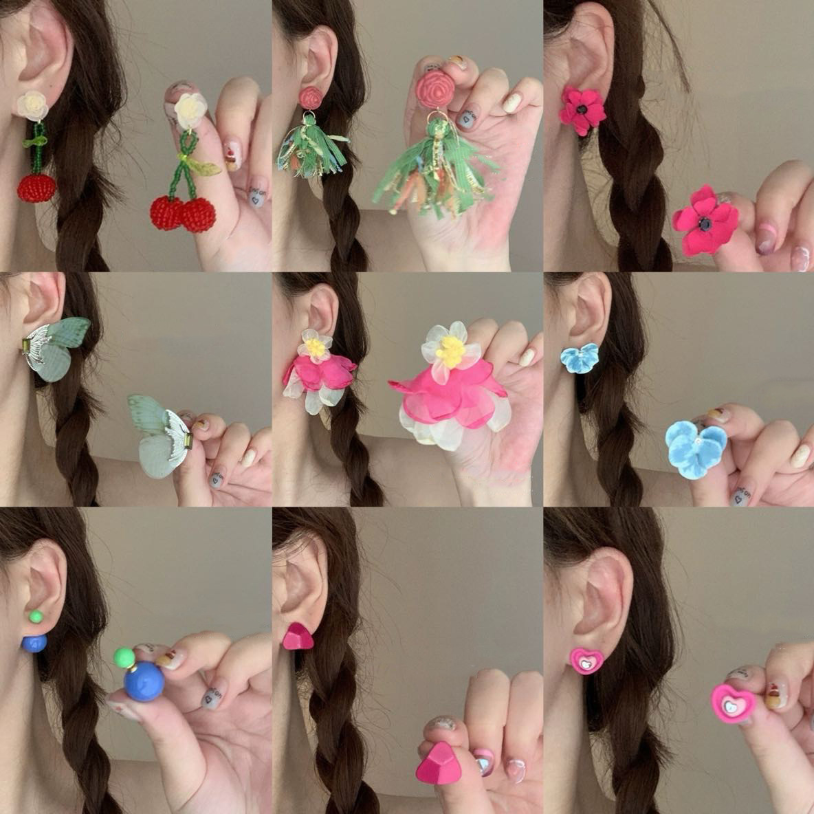 Pendientes de flores de mariposa de tela de hilo de malla de aguja de plata Pendientes de corazón de niña dulce de súper hada Estilo de vacaciones Pendientes de celebridades de Internet del mismo estilo