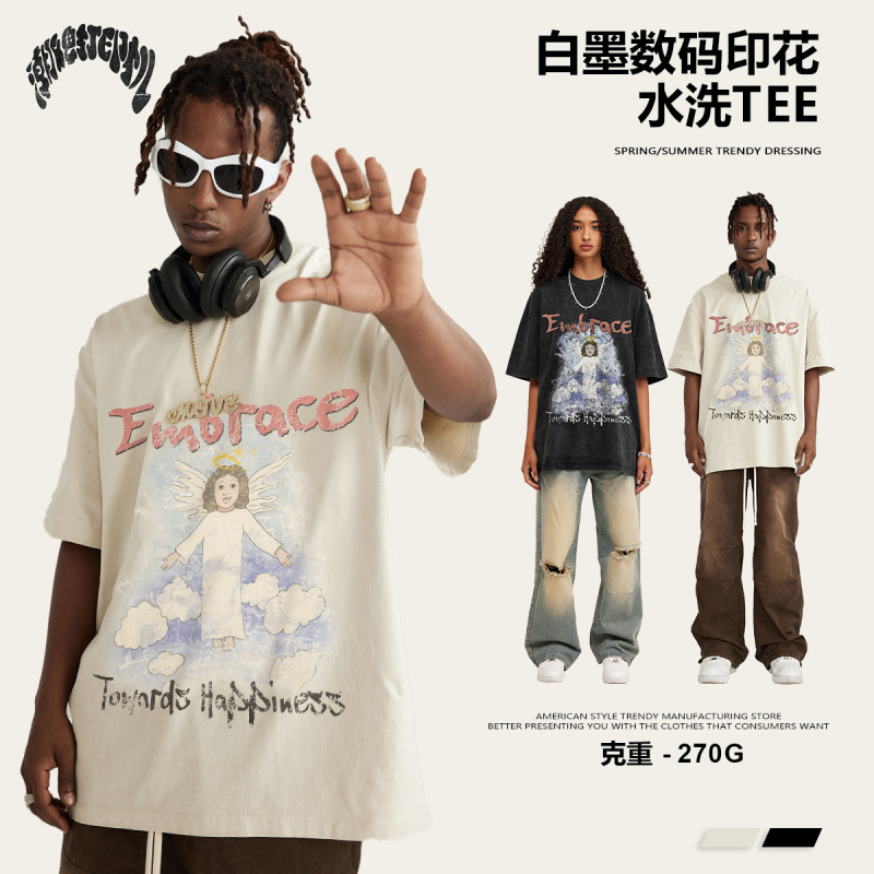 2025 Spring New Retro Street Fashion Brand Ins Washed Angel Print Round Neck Loose Large Size Short-Sleeved T-Shirt for Men