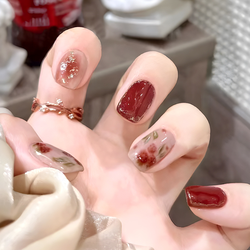 24 piezas de uñas cortas en caja, parche de uñas dulce y fresco, uñas de cereza roja brillante, uñas de uñas