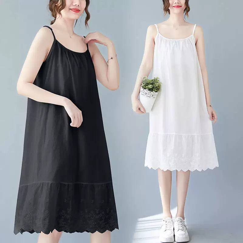 Настоящий выстрел 1511 # корейский стиль художественное милое универсальное хлопковое кружевное нижнее платье средней длины с вышивкой на бретелях
