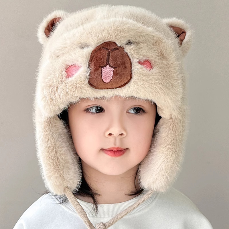 可爱卡通卡皮巴拉毛绒帽子女秋冬季防寒毛暖护耳套头加厚雷锋帽|undefined