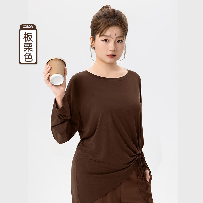 大码宽松长袖瑜伽服女侧边镂空抽绳收腰显瘦胖妹妹普拉提运动罩衫|undefined