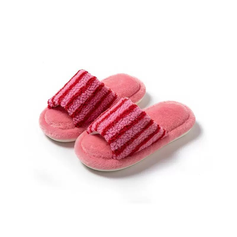 Moda versátil estilo retro lindas zapatillas de pelo de oso damas 2026 otoño y invierno nuevas zapatillas de algodón de peluche a rayas image 10