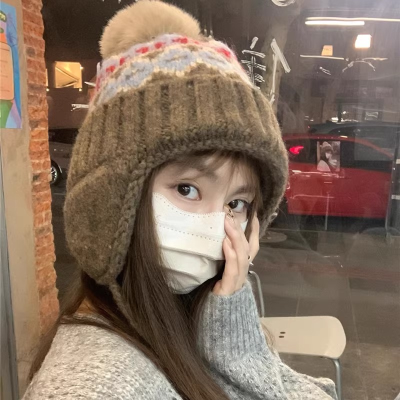 フェア島風毛糸帽子女子秋冬レトロ百合大頭囲保温ニット帽子顔小耳保護帽子
