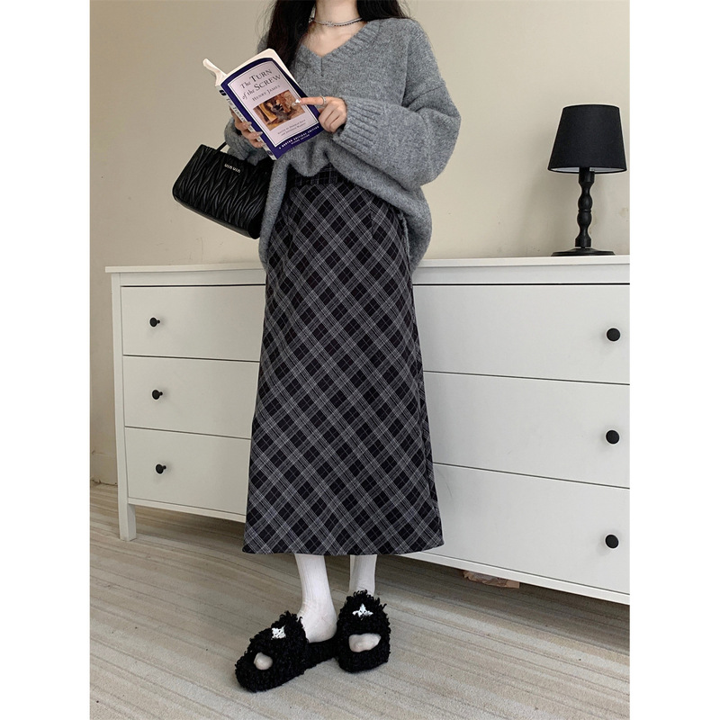 French Style Retro Plaid Skirt for Women Plus Size Fat mm Autumn and Winter High Waist A-Line Slimming Look Hip-Hugging Mid-Length Skirt