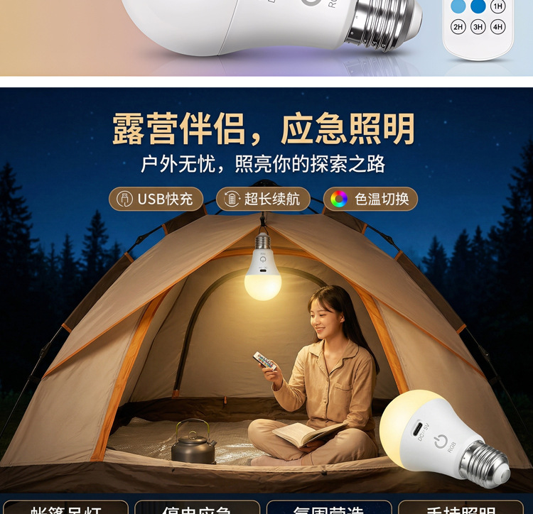 跨境热销智能遥控调色定时关灯多功能 RGB 全彩灯泡E27家用氛围灯