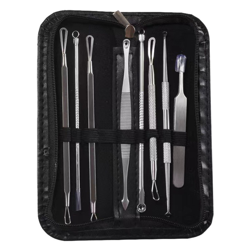 Spot clip de células de acero inoxidable, aguja para el acné, aguja para la cabeza negra, aguja para el acné, juego de 8 piezas, pinza para el acné, herramienta de belleza