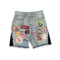 ヒップホップ個性ストリートレトロ刺繍パッチデニムショートパンツルーズメタル装飾男性と女性のための春と夏の新しいスタイル